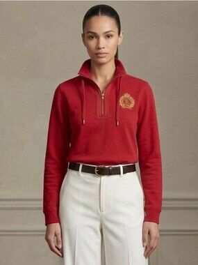 VTG LRL Red Crest Embroidery Sweater Sz S Cotton Mock Neck Preppy Heritage